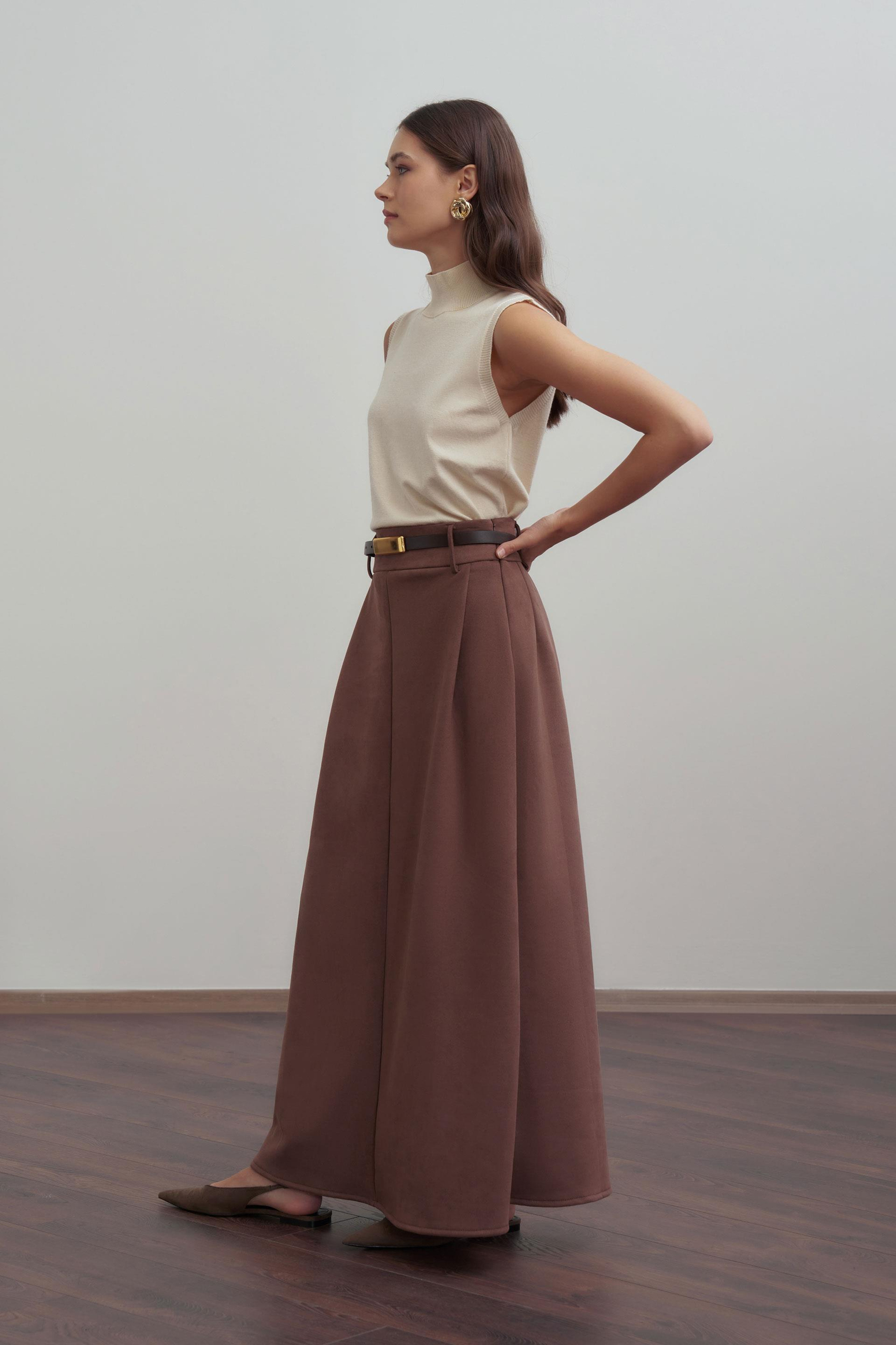 Kahve-Pili Detaylı Scuba Süet Etek