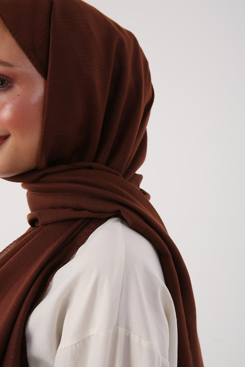 Kahve-Şerit Detaylı Pamuklu Şal