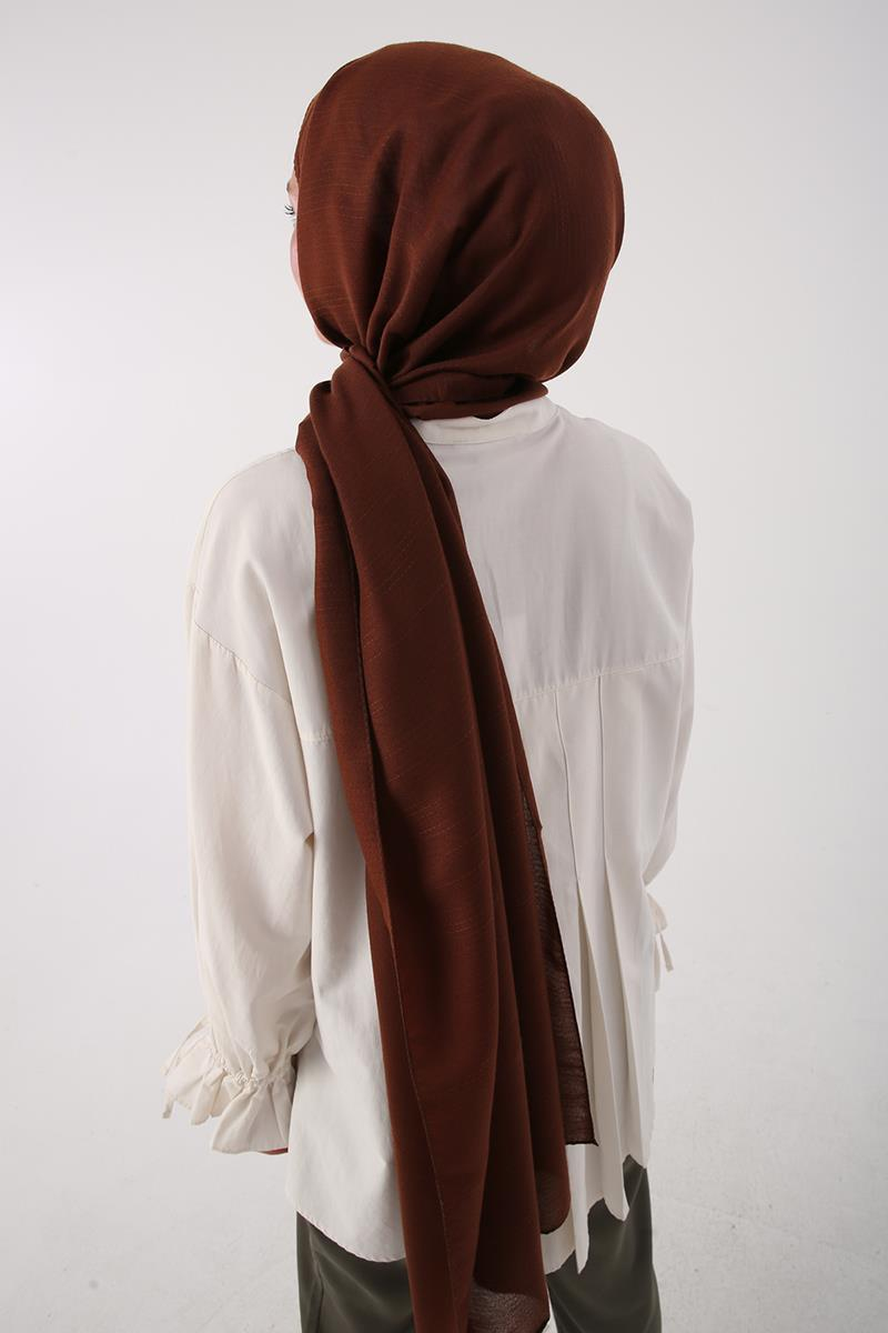 Kahve-Şerit Detaylı Pamuklu Şal