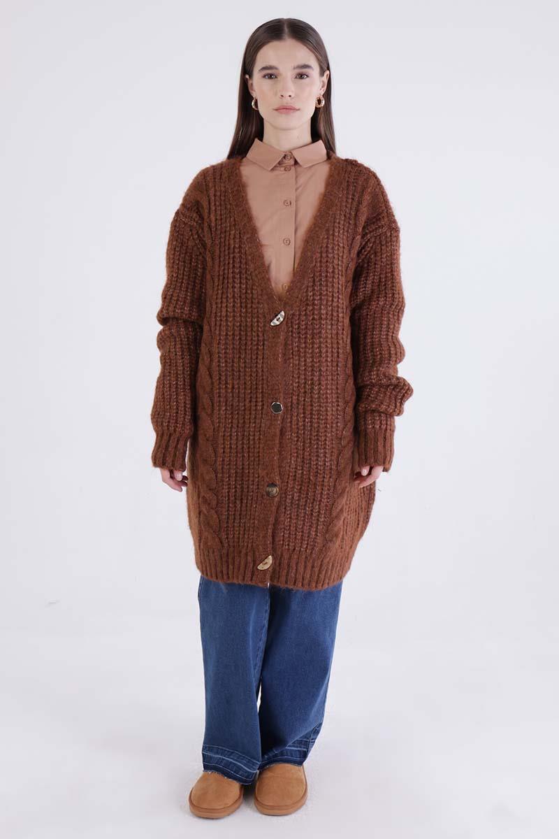 Braune, geknöpfte Strickjacke mit V-Ausschnitt