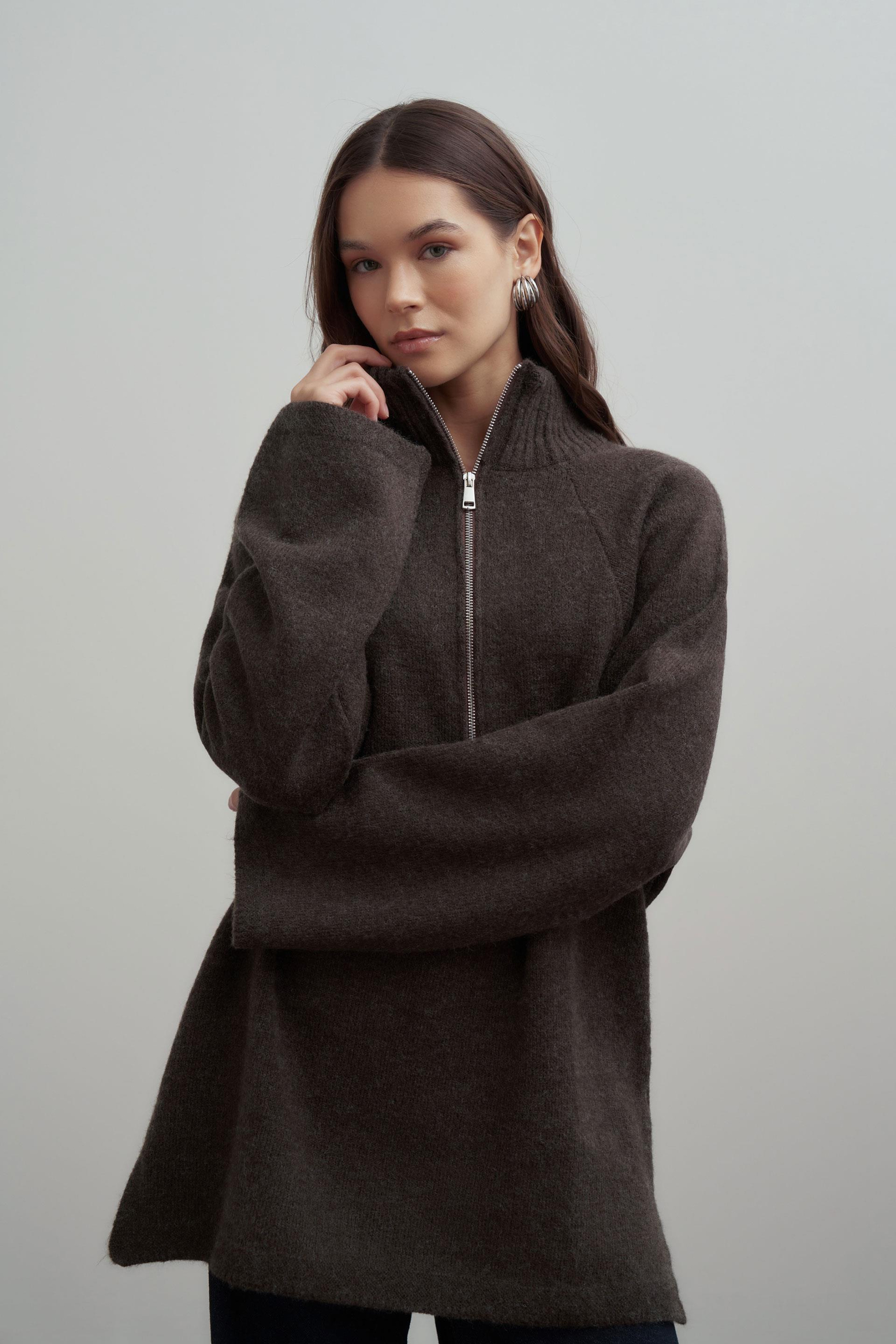 Kahve-Yarım Fermuarlı Kazak