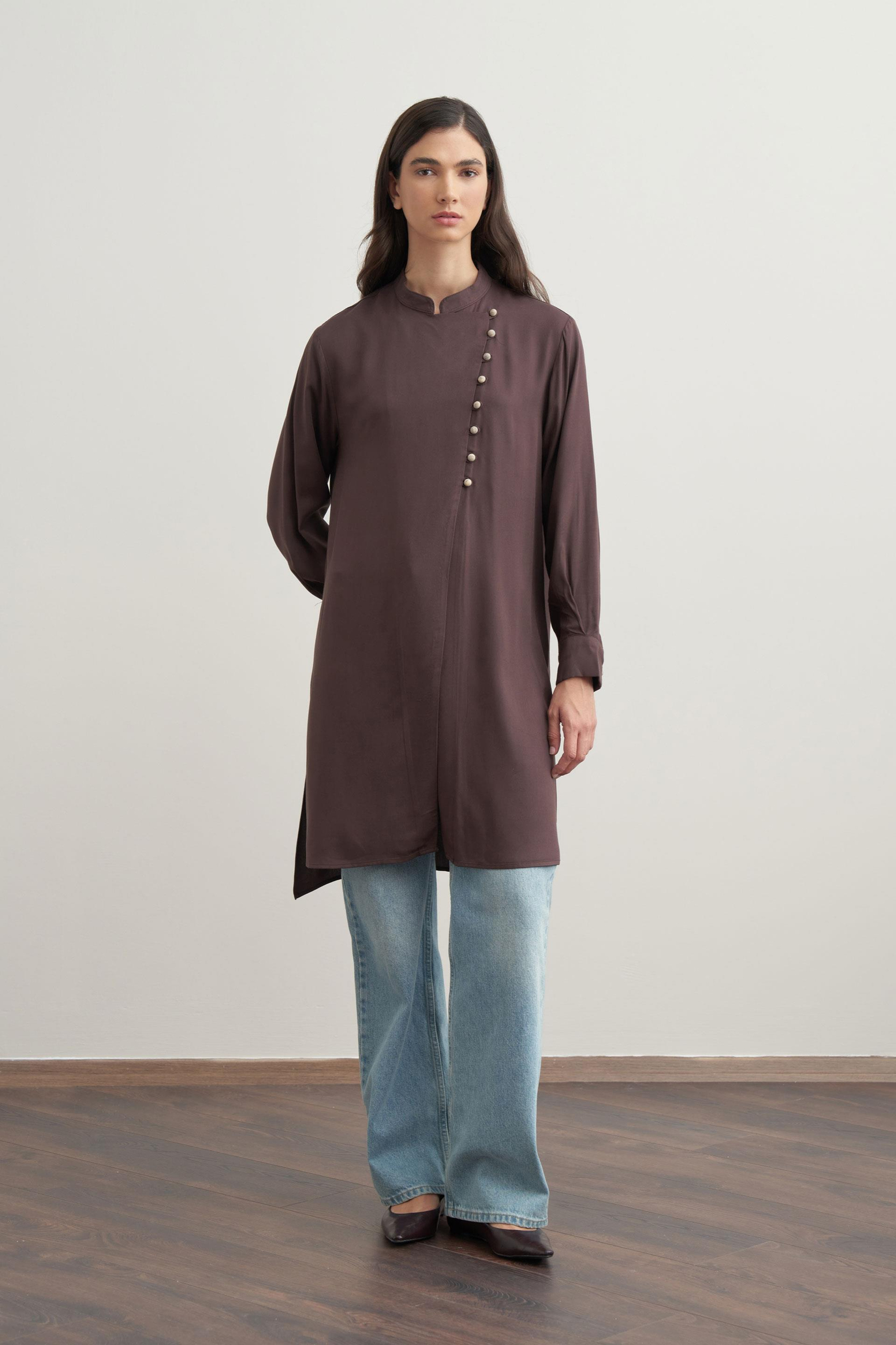 Brown-Half Placket Slit Linen Tunic