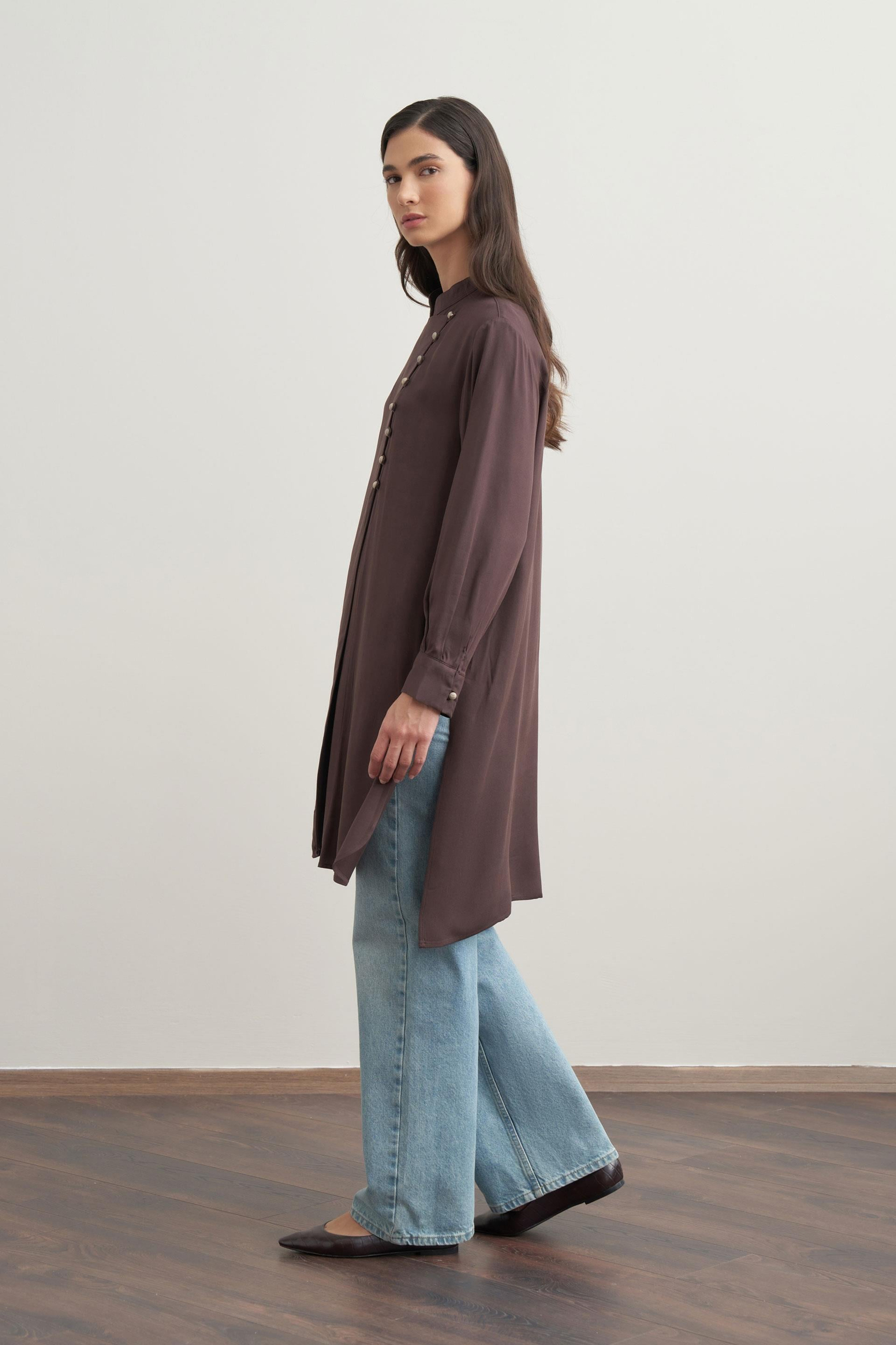 Brown-Half Placket Slit Linen Tunic