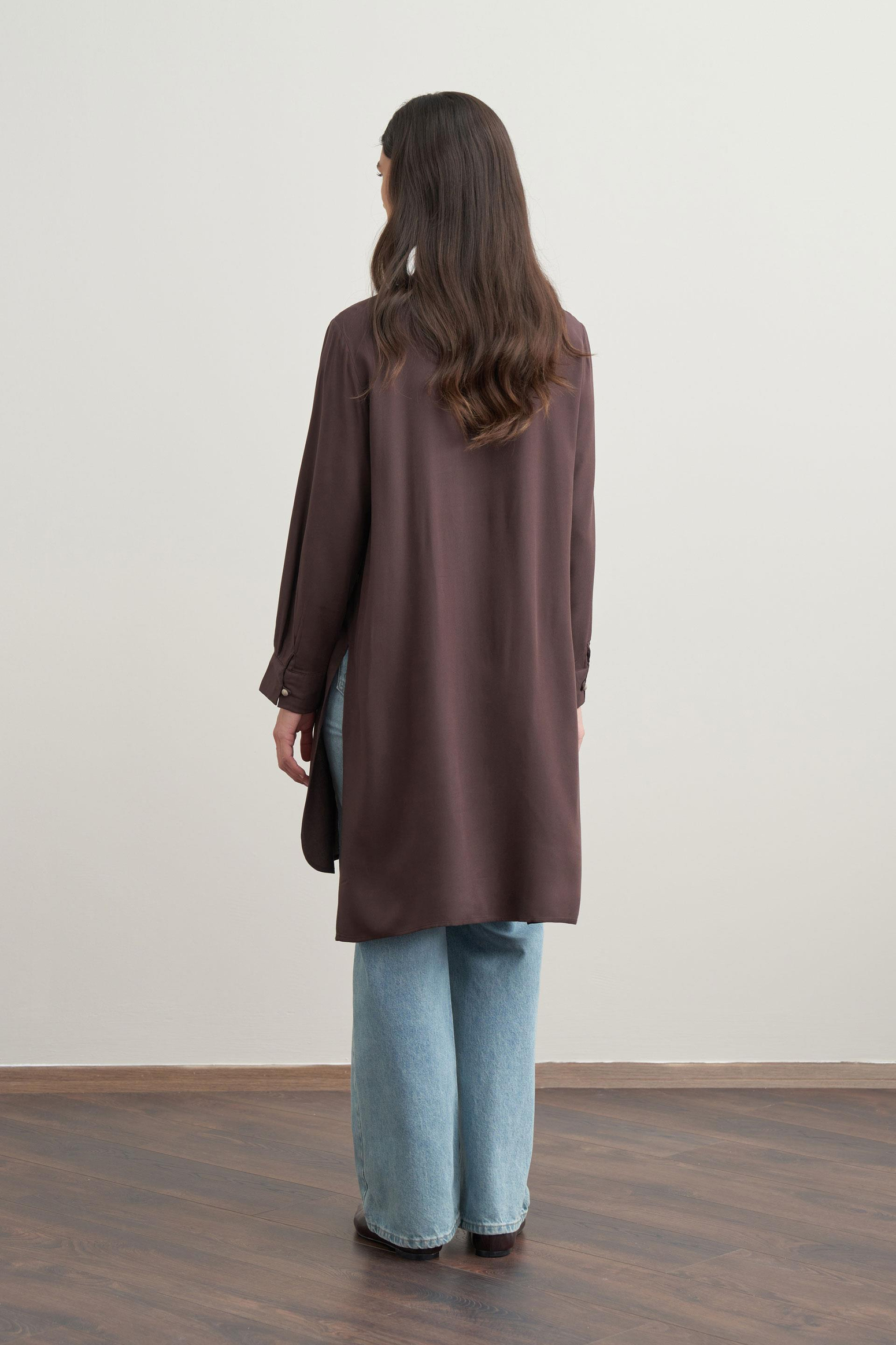Brown-Half Placket Slit Linen Tunic