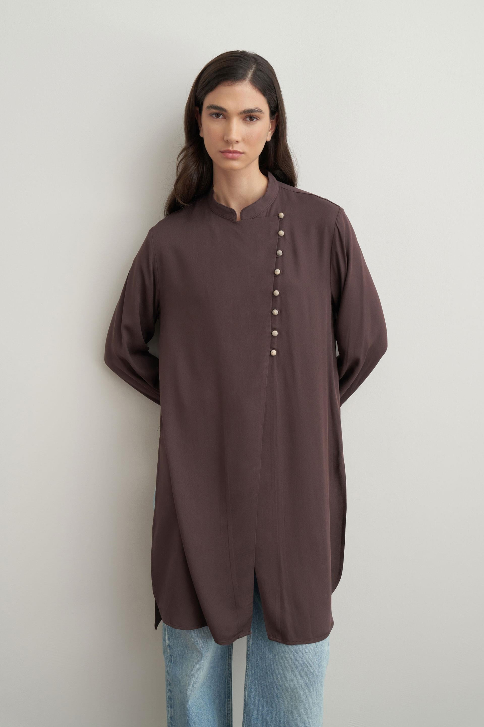 Brown-Half Placket Slit Linen Tunic