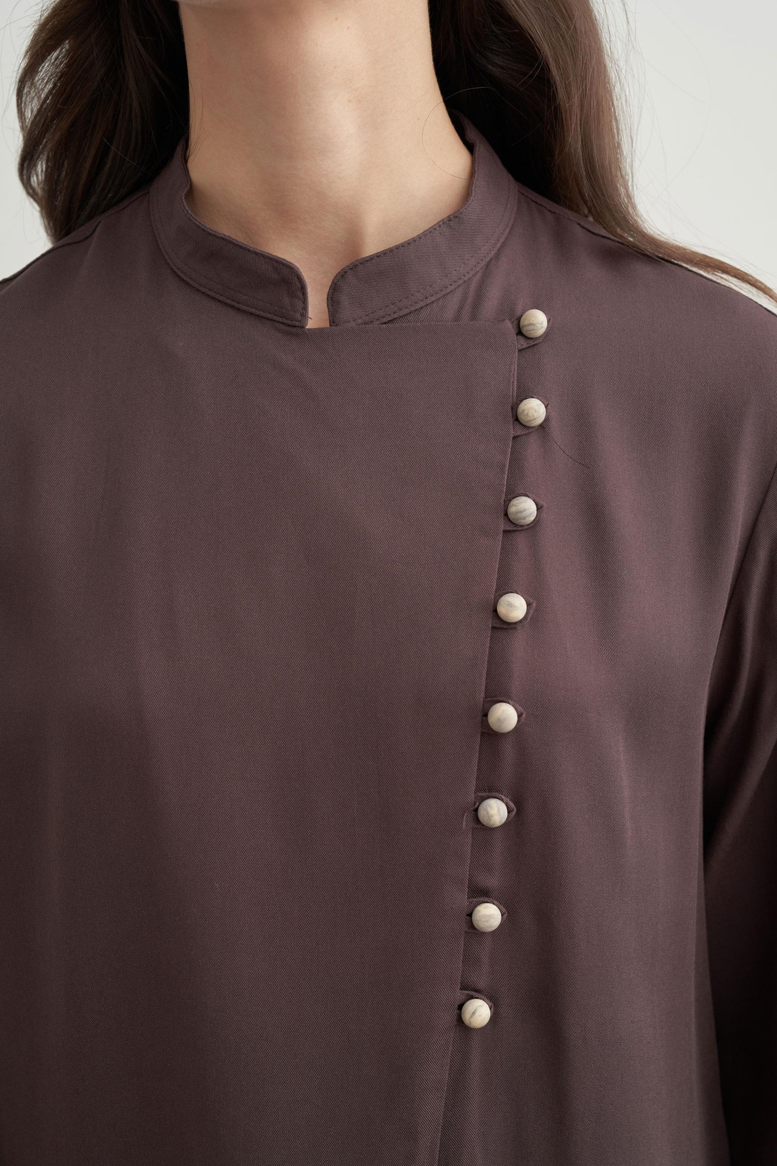 Brown-Half Placket Slit Linen Tunic