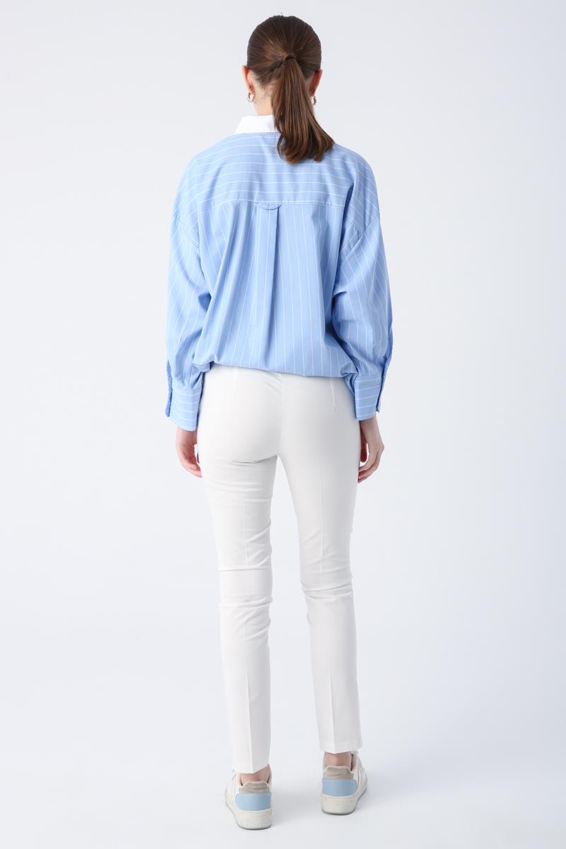 Kırık Beyaz-Pamuklu Ütü İzli Cepli Likralı Dar Paça Pantolon