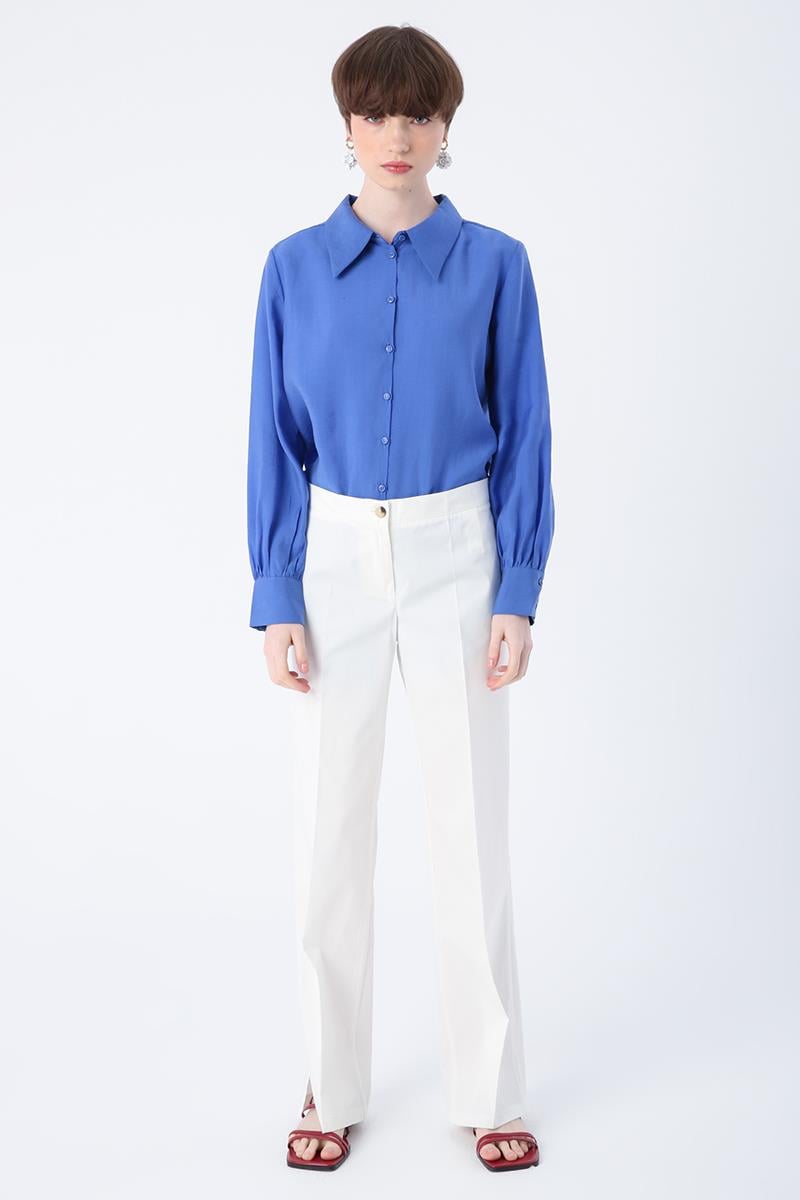 Kırık Beyaz-Pamuklu Ütü İzli Paçası Yırtmaçlı Likralı Bol Paça Pantolon