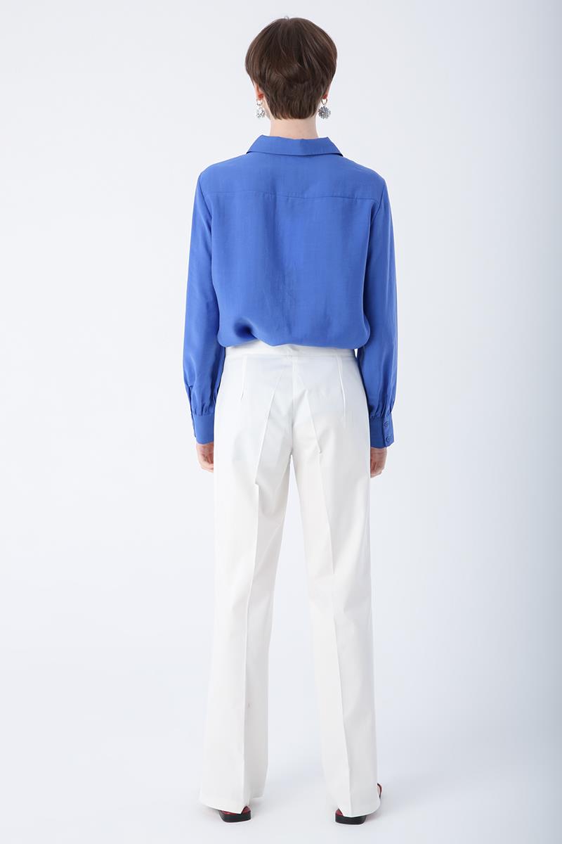 Kırık Beyaz-Pamuklu Ütü İzli Paçası Yırtmaçlı Likralı Bol Paça Pantolon