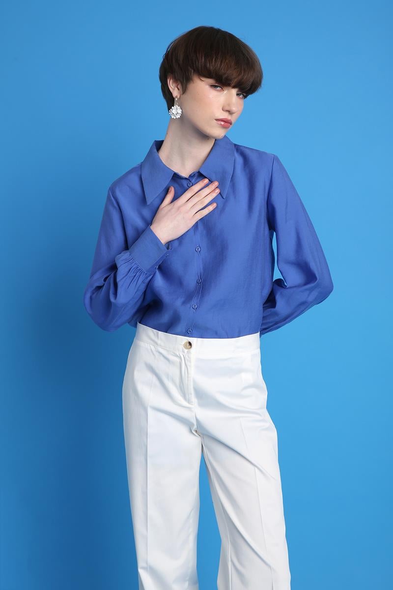 Kırık Beyaz-Pamuklu Ütü İzli Paçası Yırtmaçlı Likralı Bol Paça Pantolon