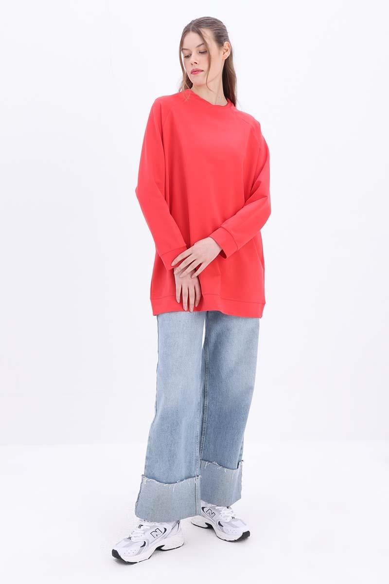 Kırmızı-Bisiklet Yaka Reglan Kol Sweatshirt
