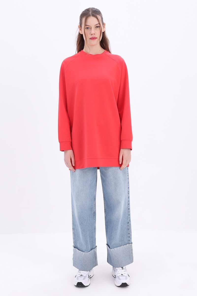 Kırmızı-Bisiklet Yaka Reglan Kol Sweatshirt