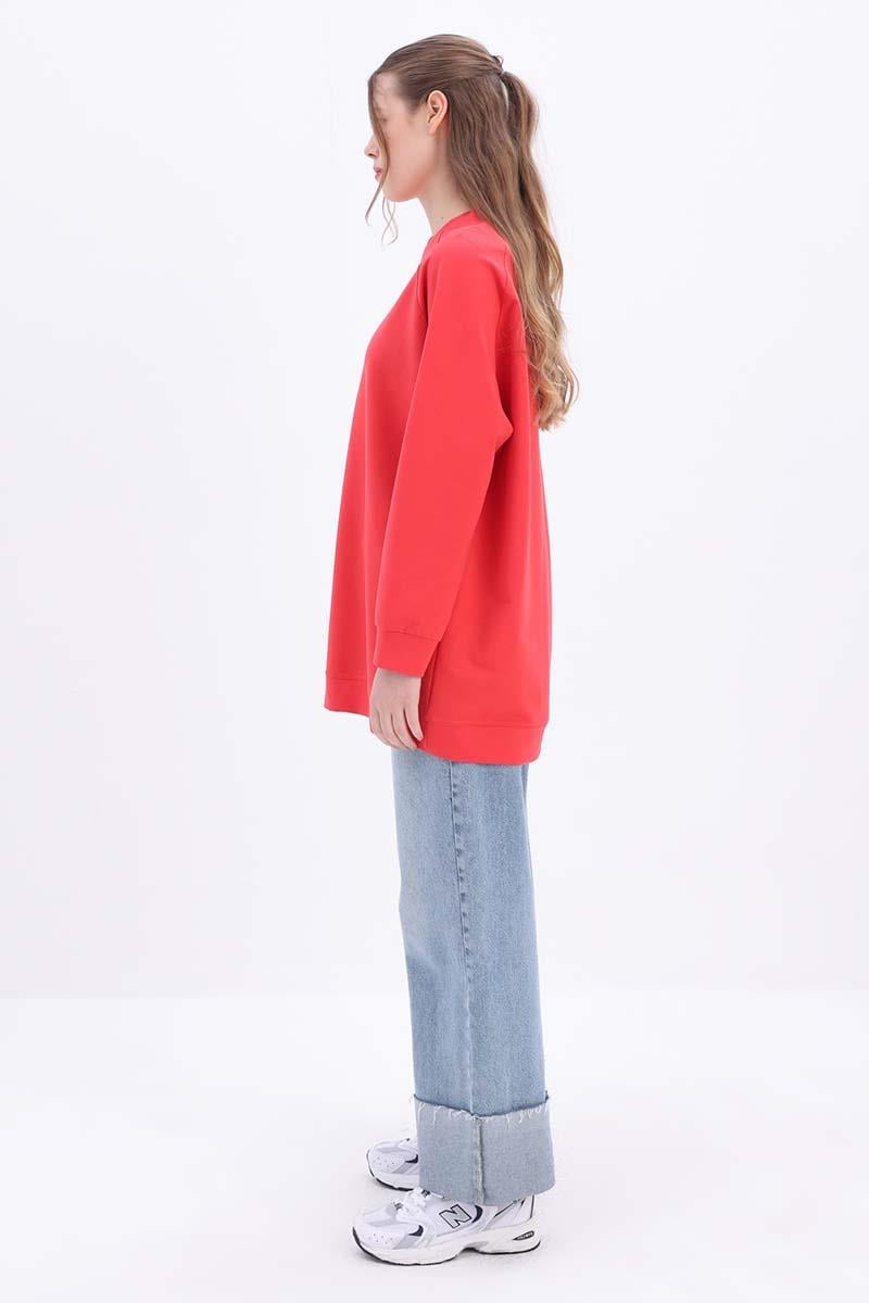 Kırmızı-Bisiklet Yaka Reglan Kol Sweatshirt