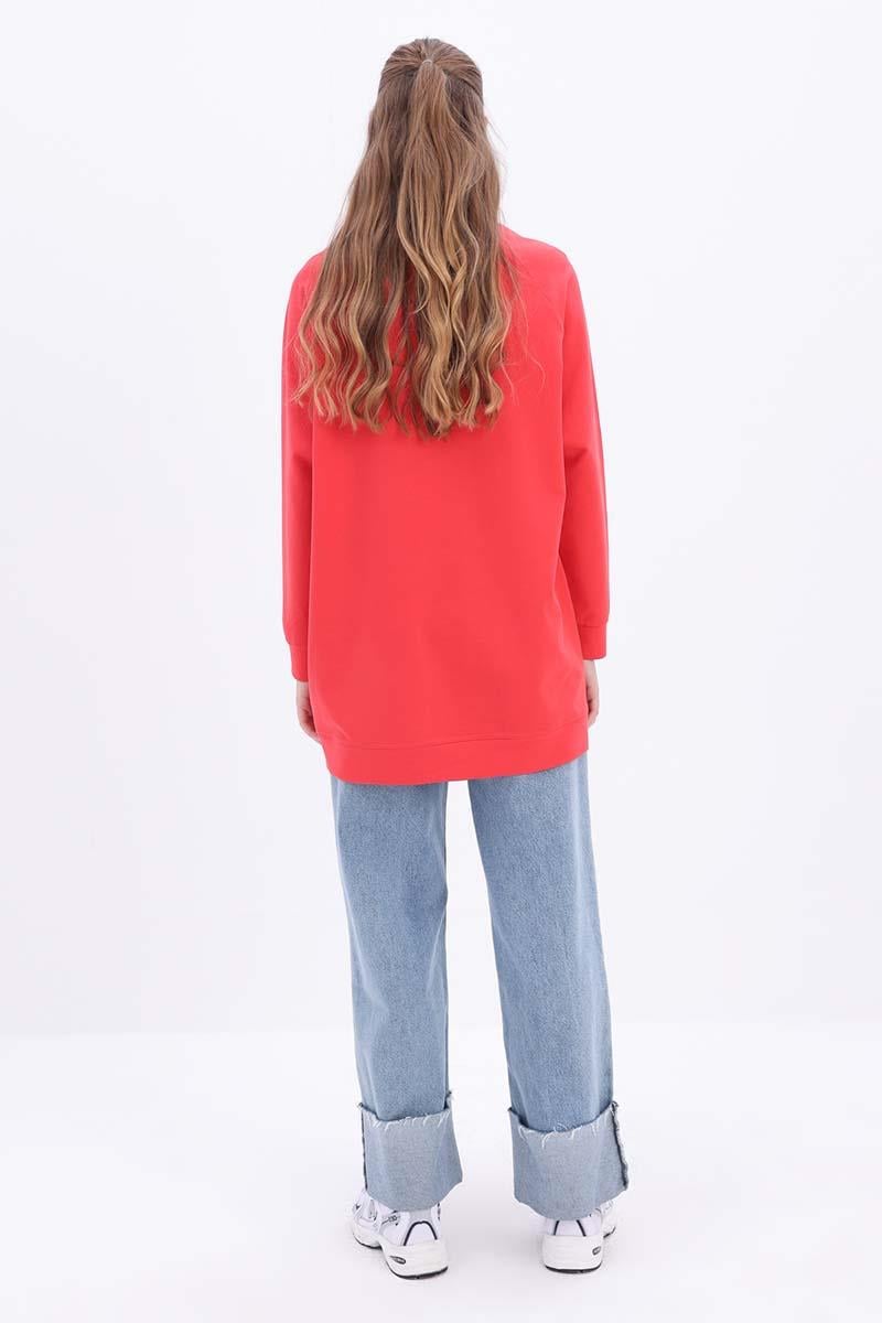 Kırmızı-Bisiklet Yaka Reglan Kol Sweatshirt