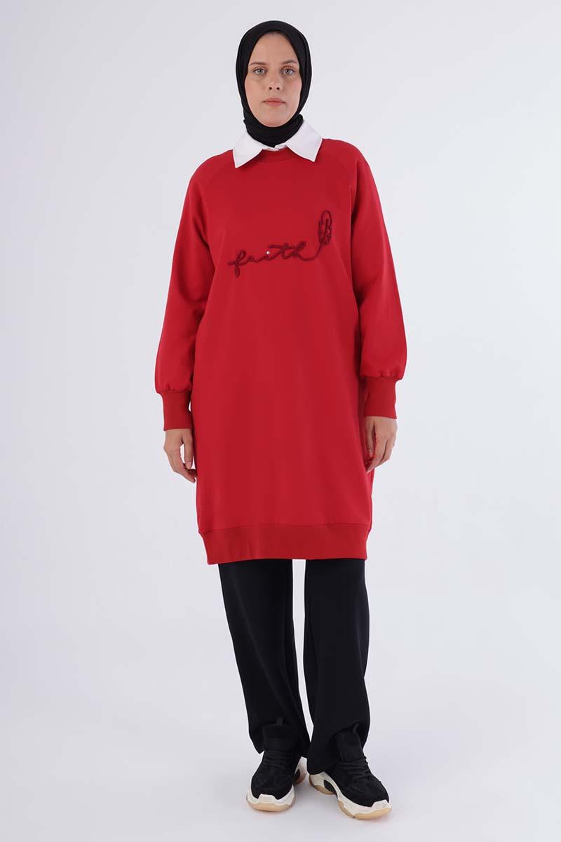 Kırmızı-Faıth Yazılı Nakışlı Sweat Tunik