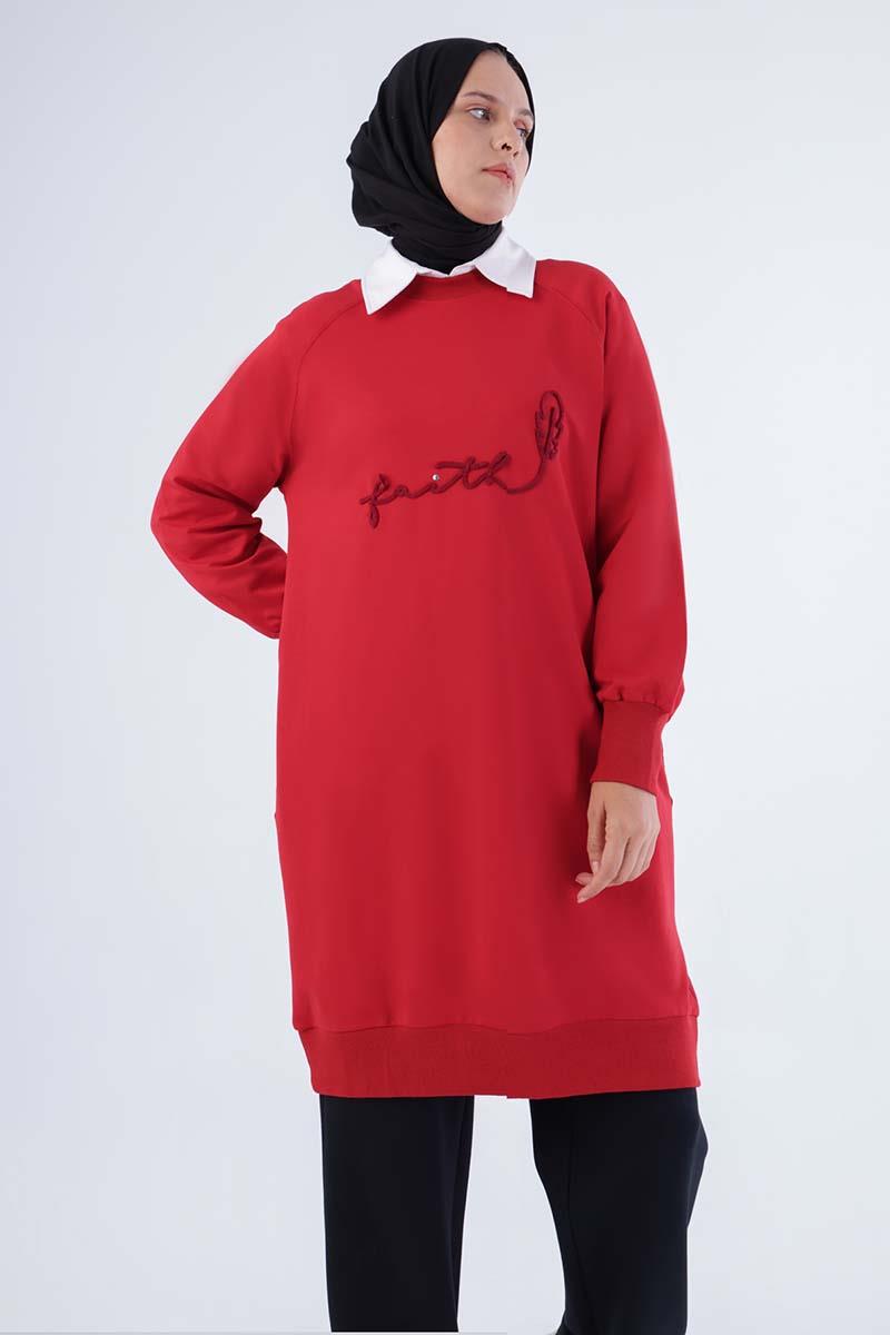 Kırmızı-Faıth Yazılı Nakışlı Sweat Tunik