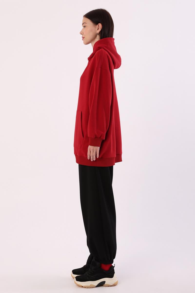 Kırmızı-Kanguru Cepli Oversize Sweatshirt