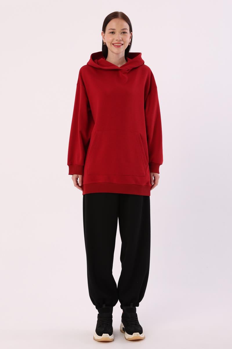 Kırmızı-Kanguru Cepli Oversize Sweatshirt