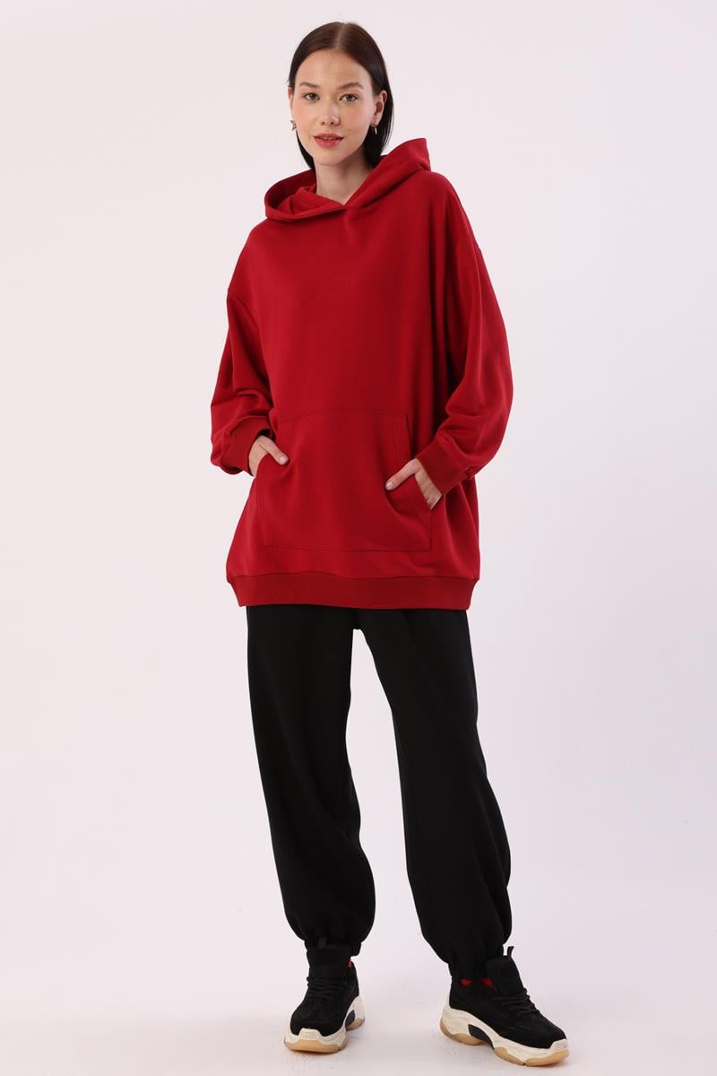 Kırmızı-Kanguru Cepli Oversize Sweatshirt