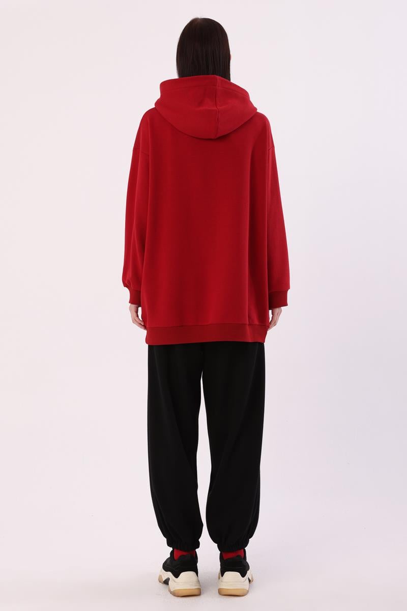 Kırmızı-Kanguru Cepli Oversize Sweatshirt