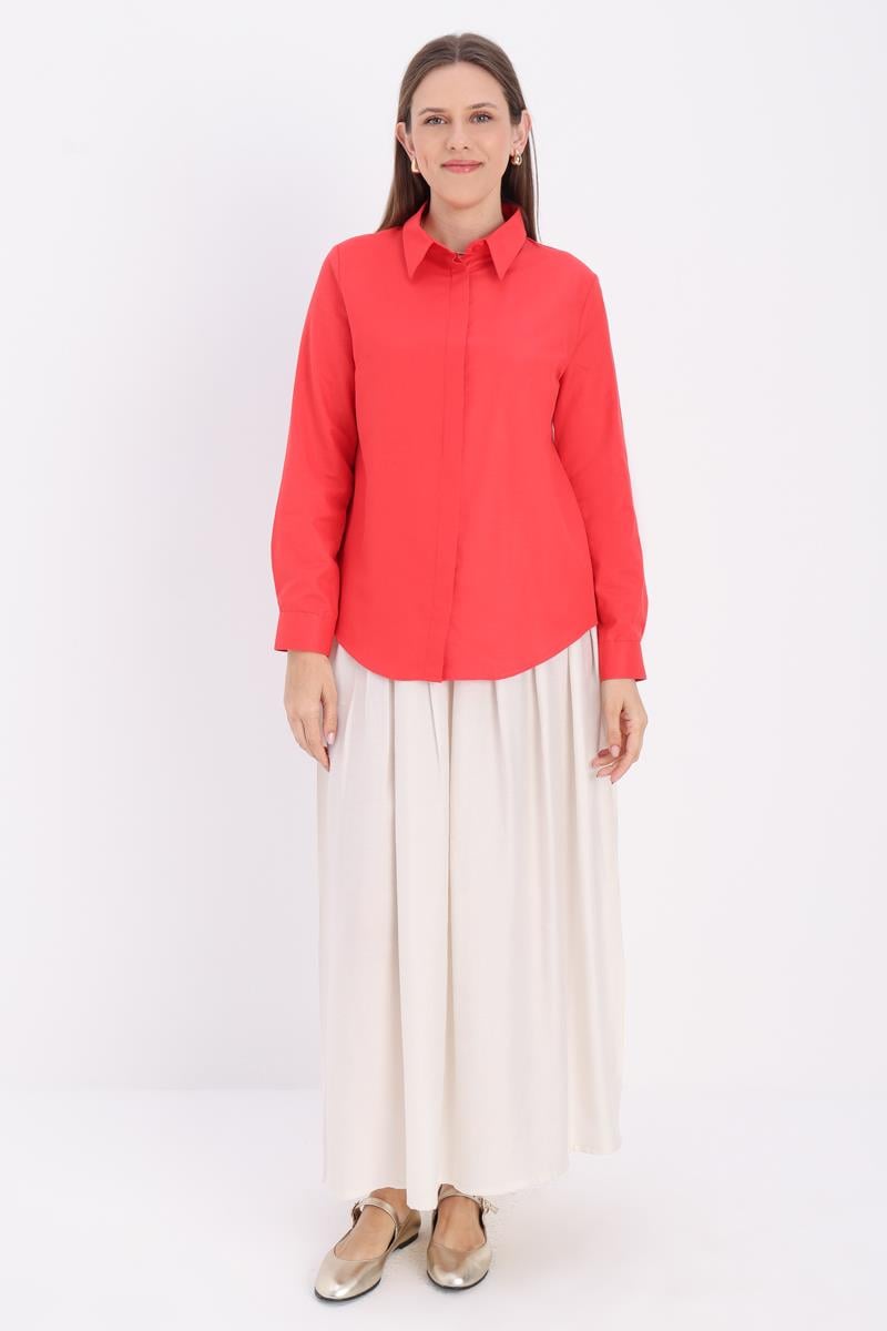 Red-Cotton Hidden Placket Shirt