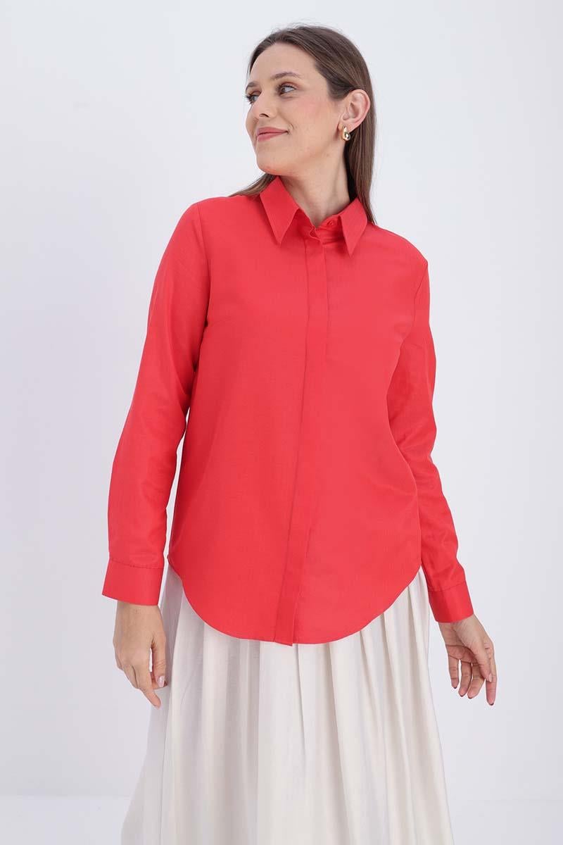 Red-Cotton Hidden Placket Shirt