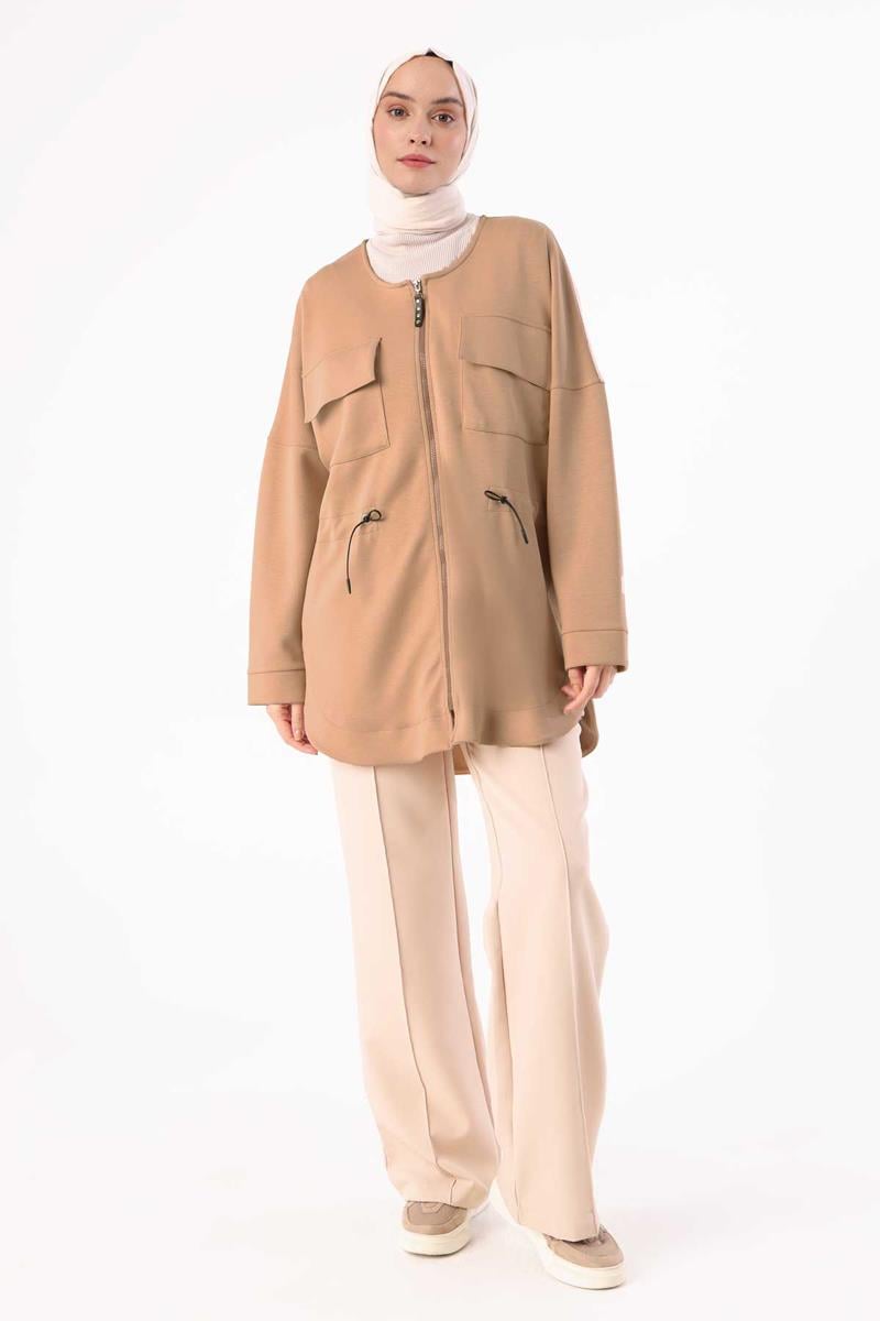 Dark Beige-Pocket Drawstring Jacket