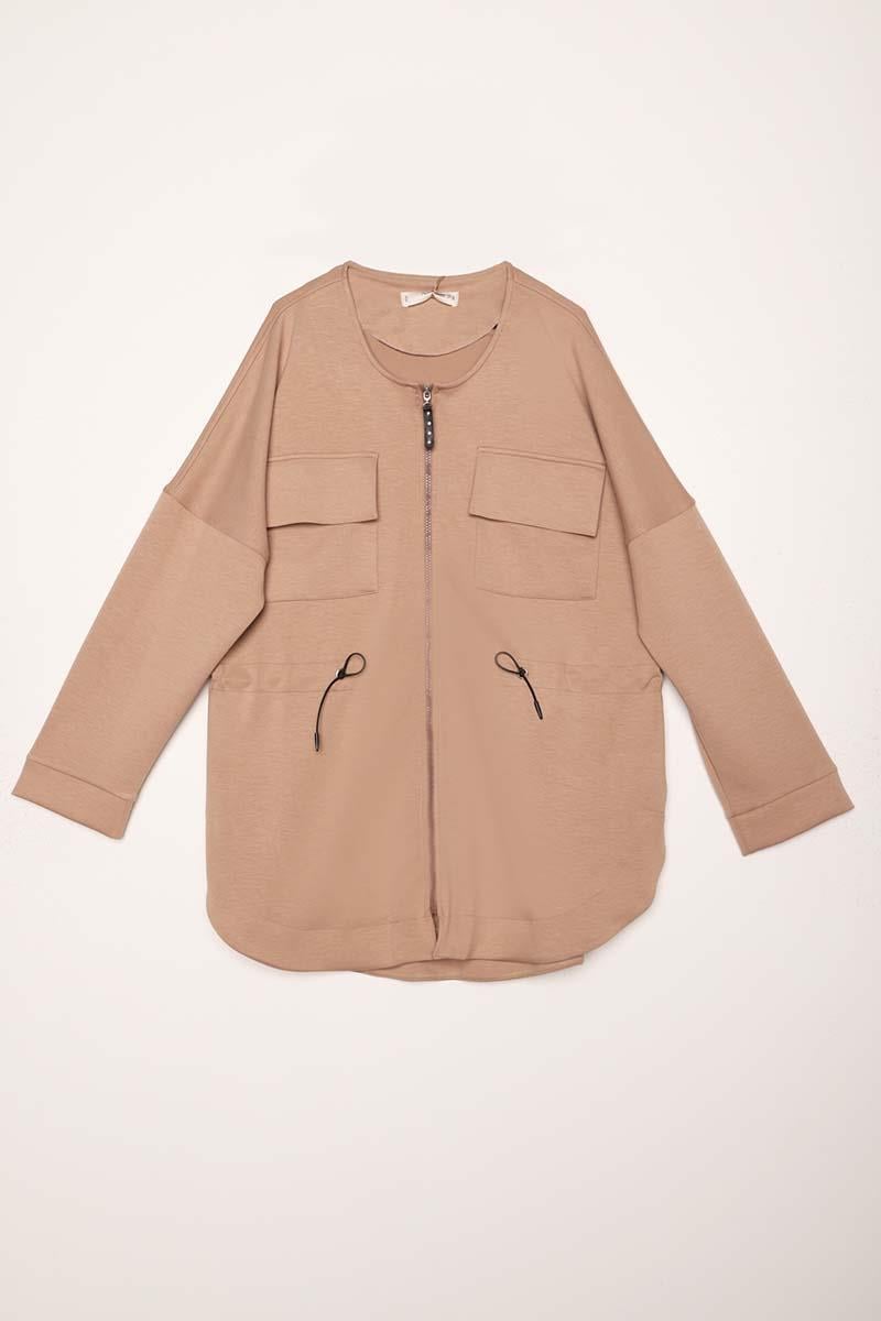Dark Beige-Pocket Drawstring Jacket