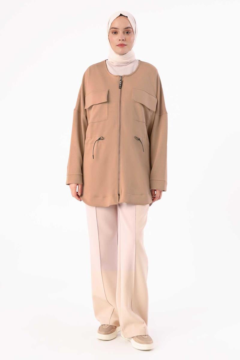 Dark Beige-Pocket Drawstring Jacket