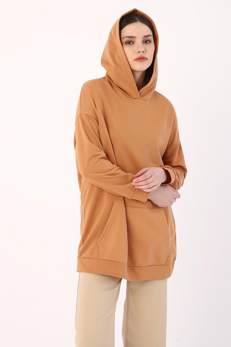 Koyu Bej-Kapüşonlu Sweat Tunik