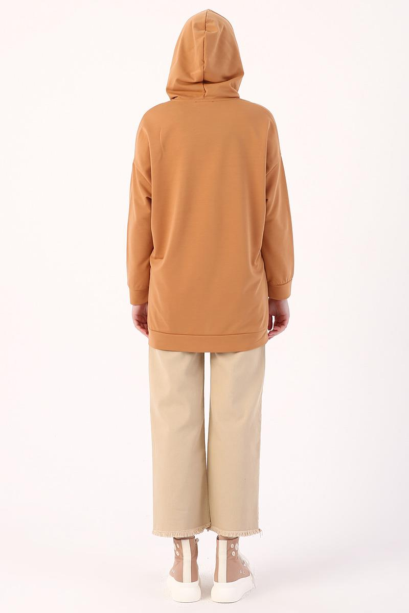Koyu Bej-Kapüşonlu Sweat Tunik
