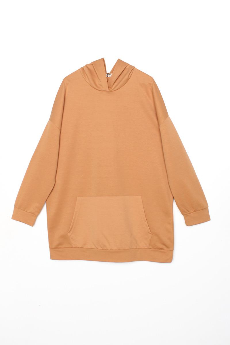 Koyu Bej-Kapüşonlu Sweat Tunik