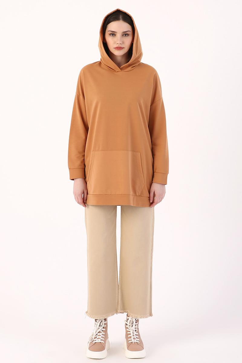 Koyu Bej-Kapüşonlu Sweat Tunik