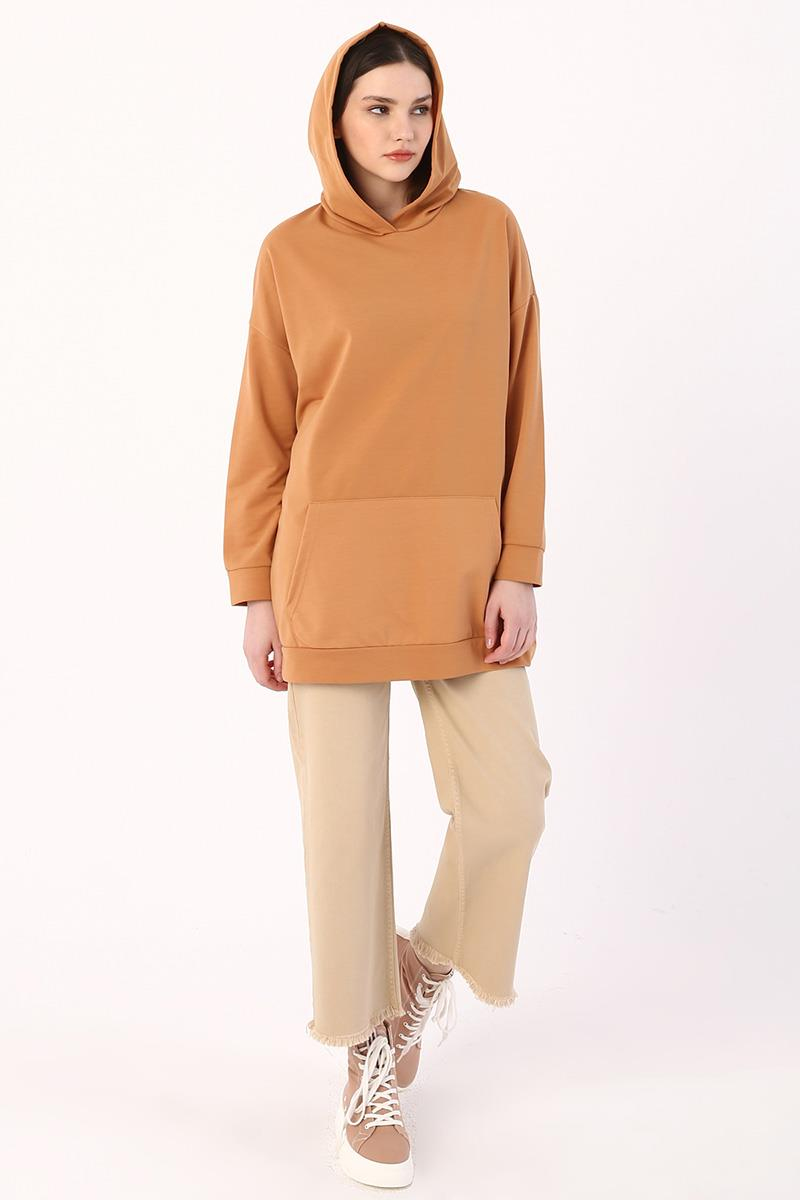 Koyu Bej-Kapüşonlu Sweat Tunik