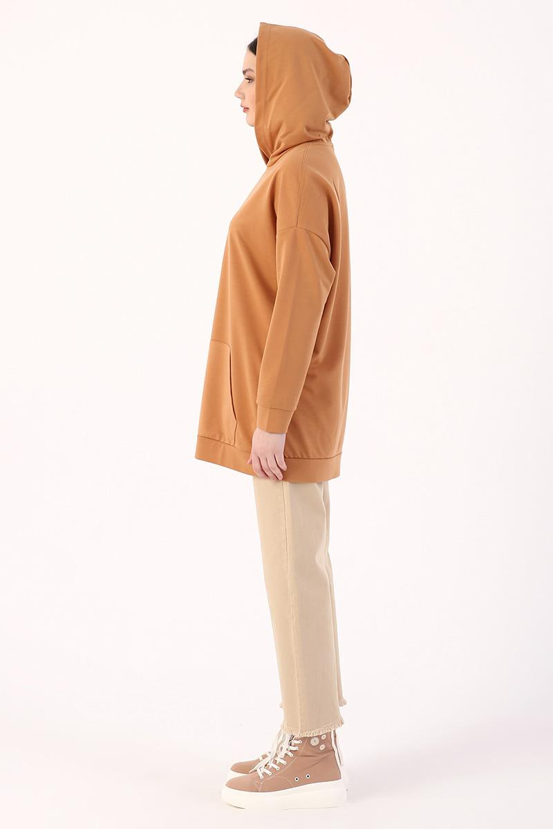 Koyu Bej-Kapüşonlu Sweat Tunik