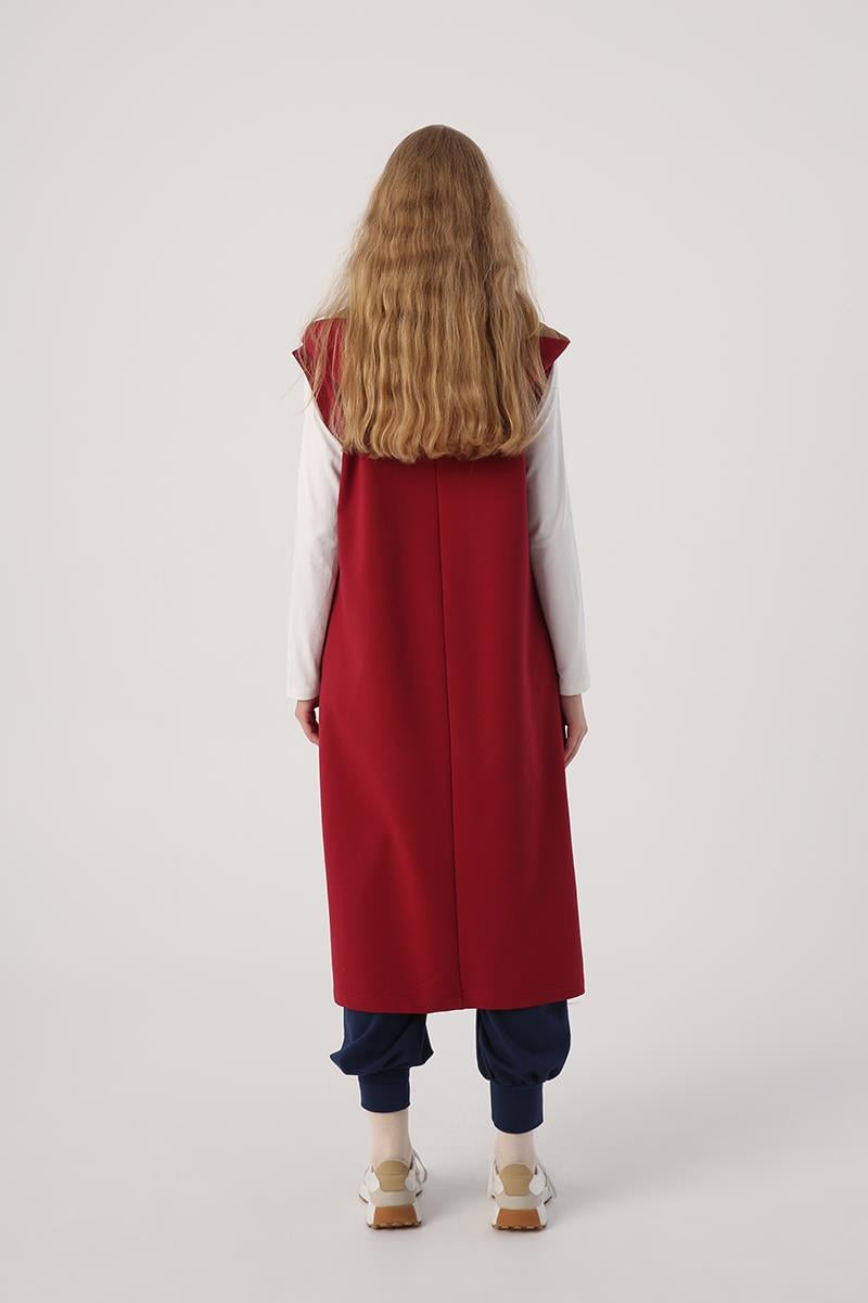 Dark Claret Red-Woven Garnished Stripe Detailed Hooded Vest