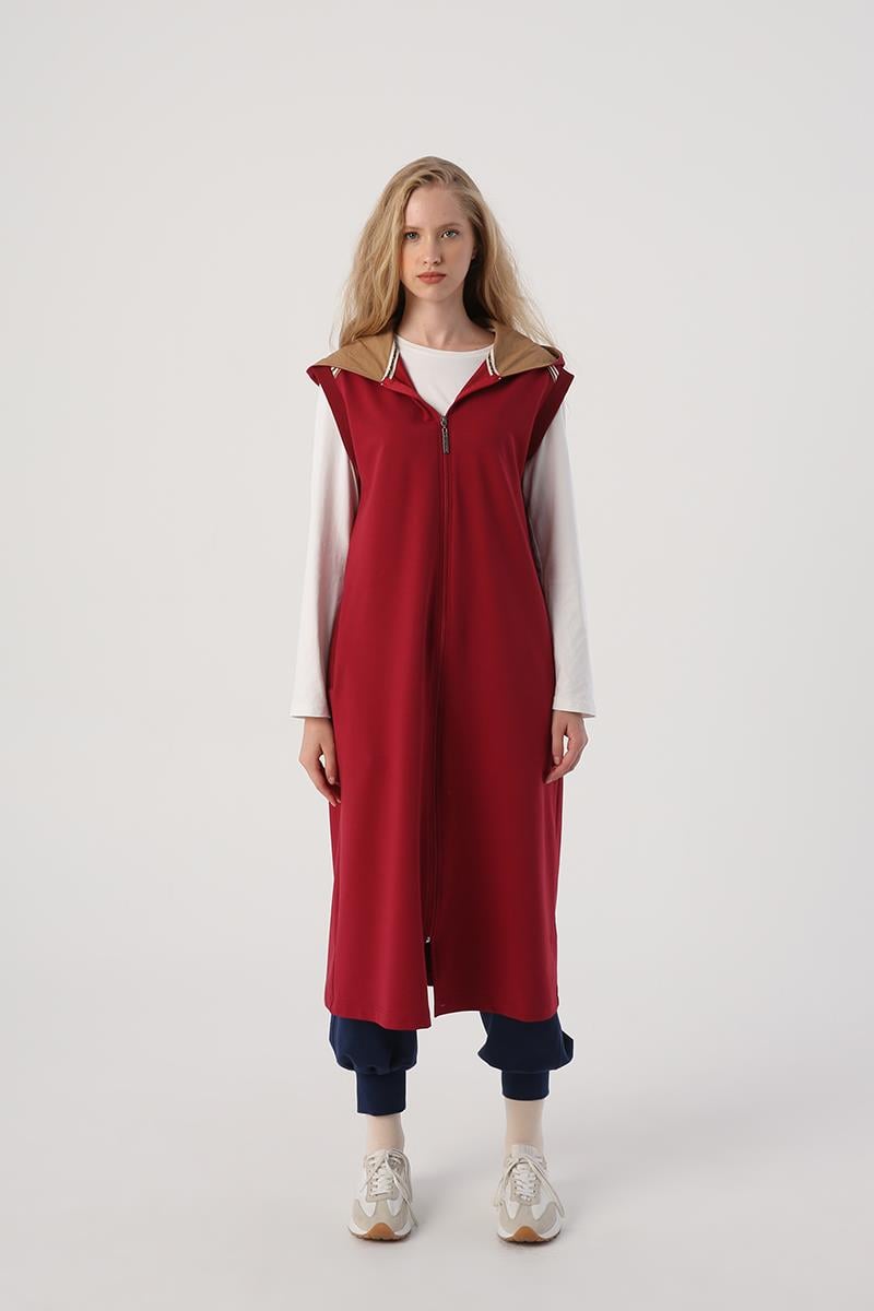 Dark Claret Red-Woven Garnished Stripe Detailed Hooded Vest