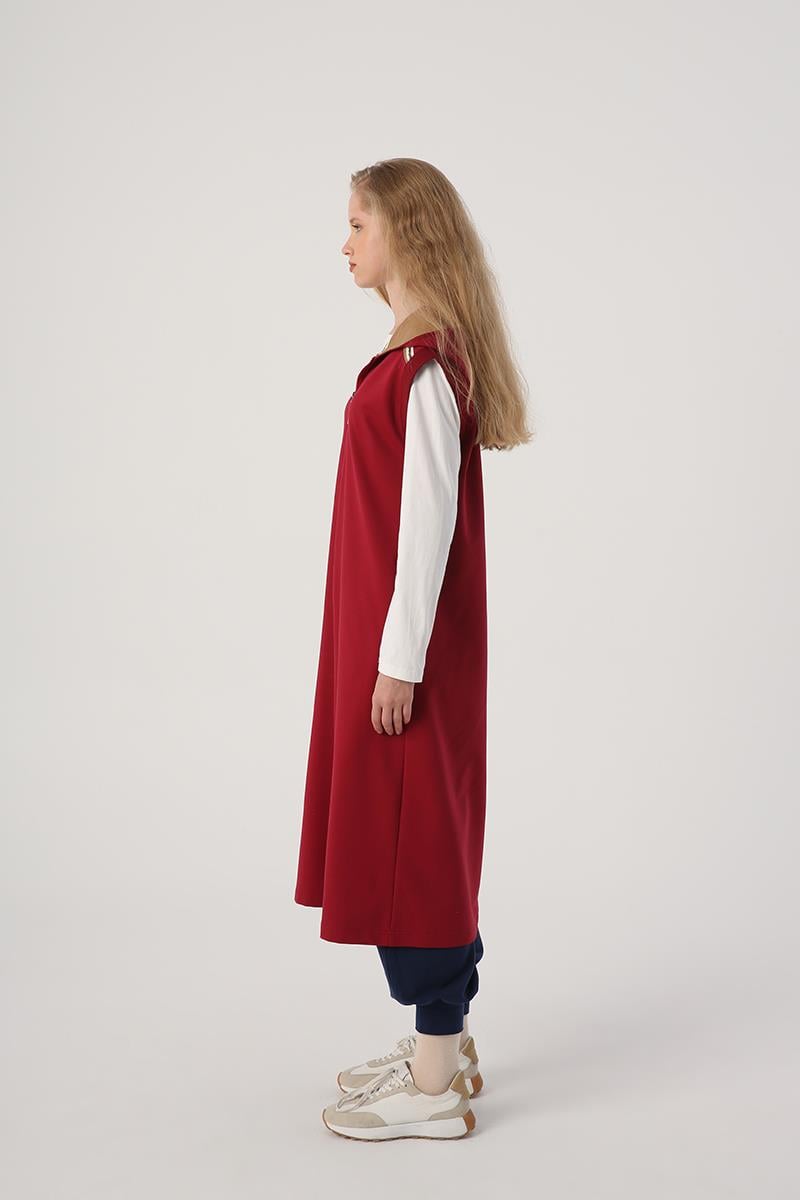 Dark Claret Red-Woven Garnished Stripe Detailed Hooded Vest