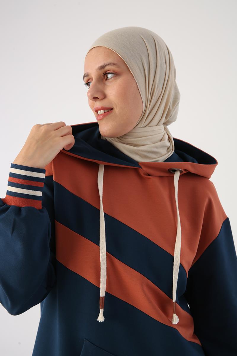 Koyu İndigo-İki Renkli Kapüşonlu Sweat Tunik
