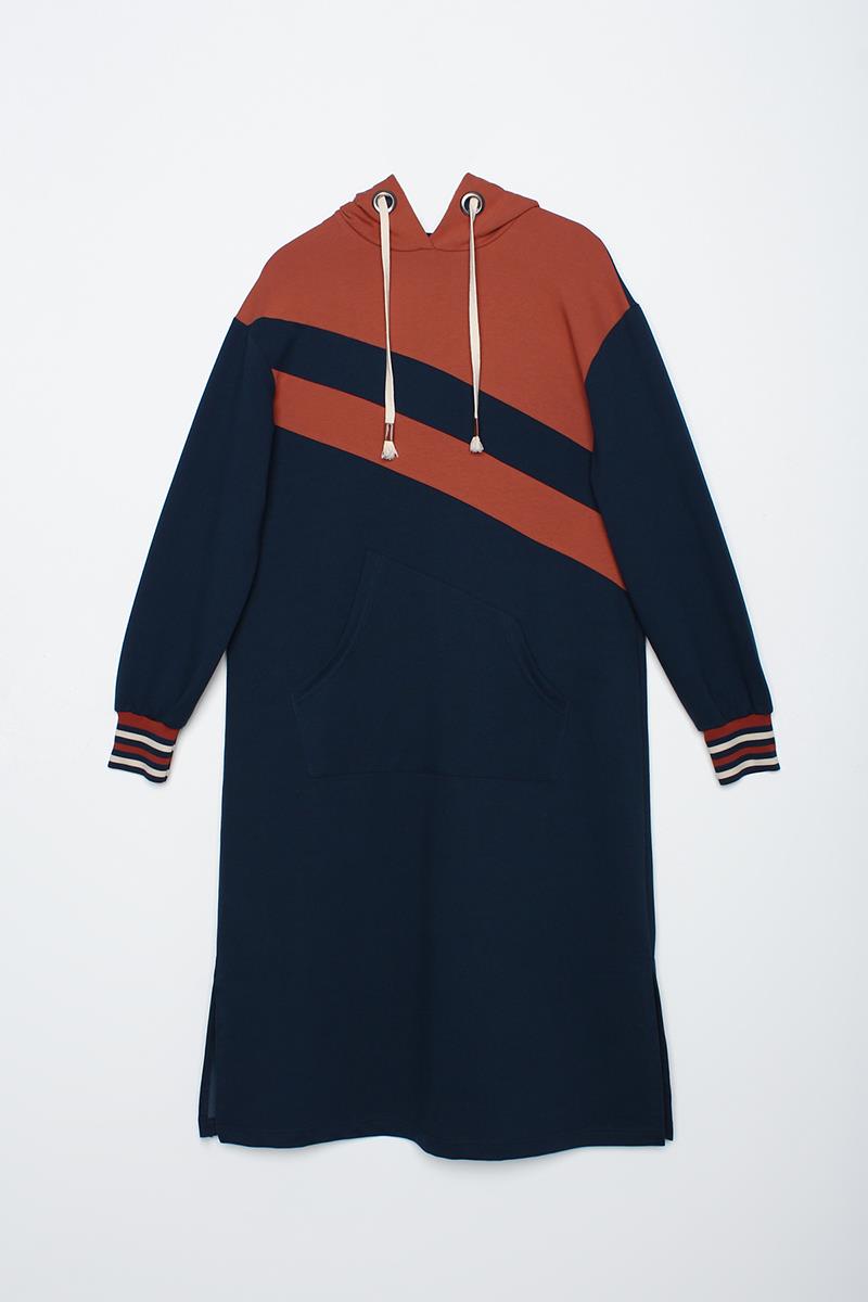 Koyu İndigo-İki Renkli Kapüşonlu Sweat Tunik