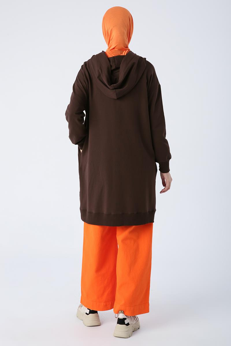 Koyu Kahve-Kapüşonlu Zincir Detaylı Fermuarlı Sweat Hırka