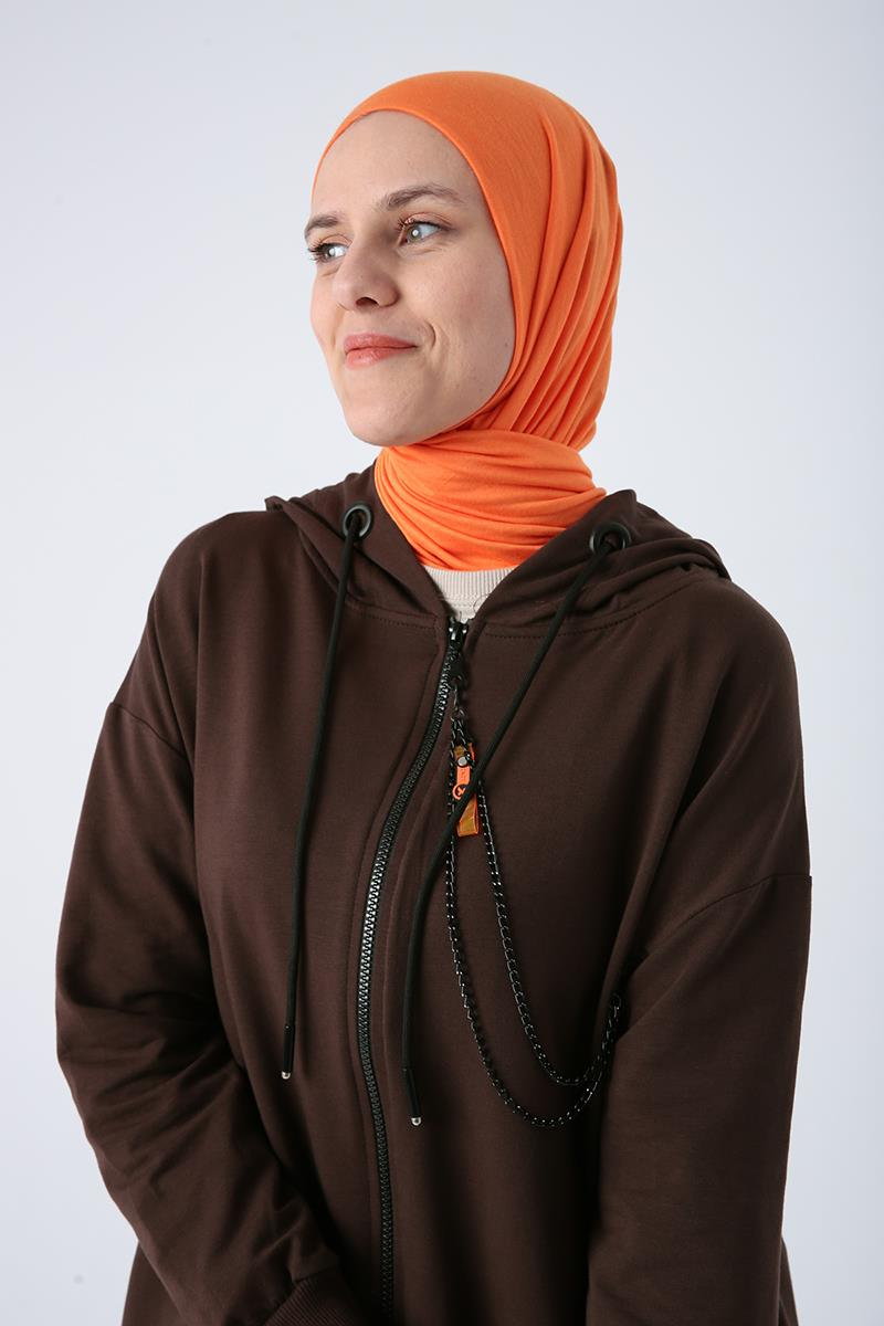 Koyu Kahve-Kapüşonlu Zincir Detaylı Fermuarlı Sweat Hırka