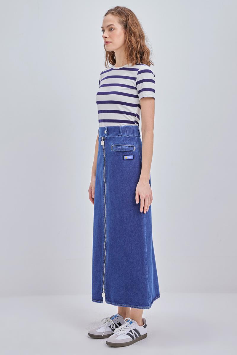 Koyu Mavi-%100 Pamuklu Fermuarlı Denim Etek