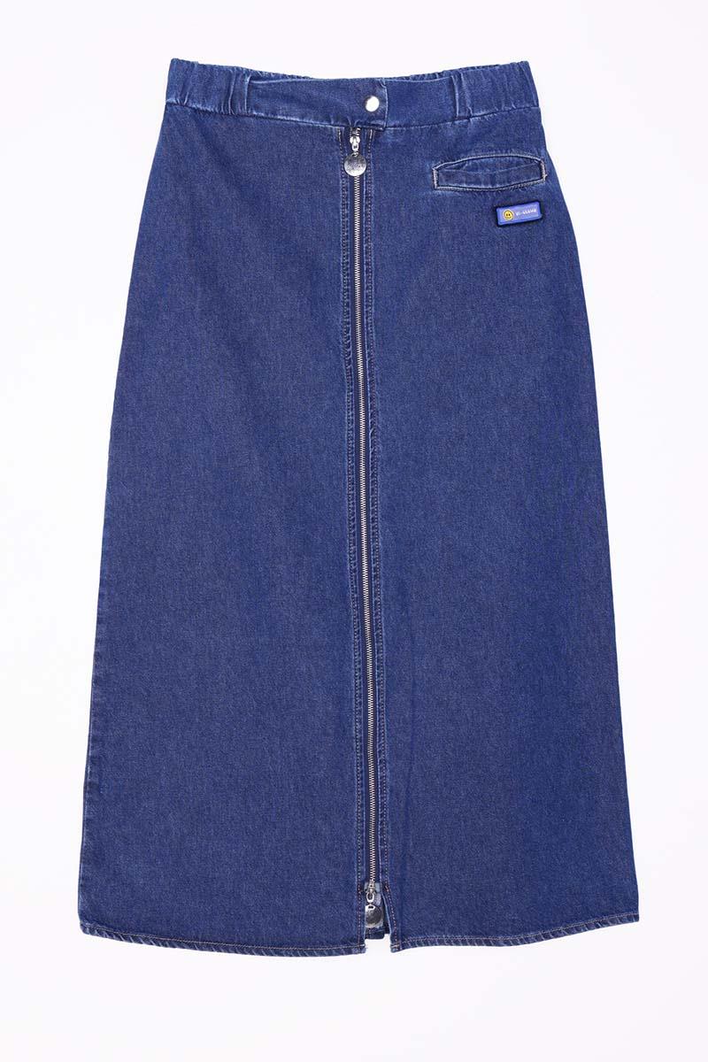 Koyu Mavi-%100 Pamuklu Fermuarlı Denim Etek