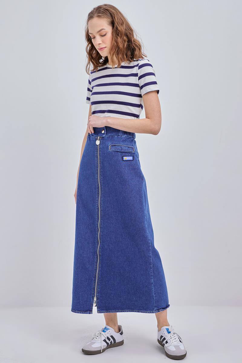 Koyu Mavi-%100 Pamuklu Fermuarlı Denim Etek