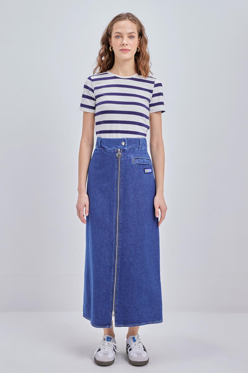 Koyu Mavi-%100 Pamuklu Fermuarlı Denim Etek