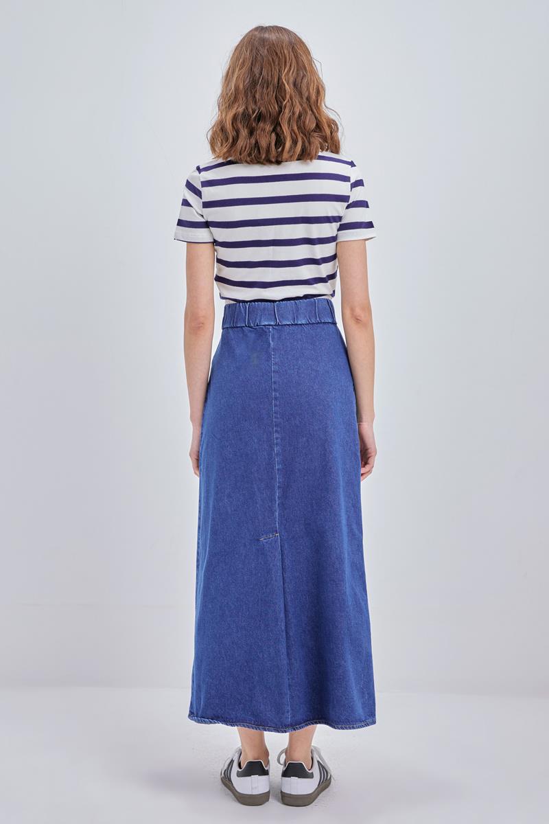 Koyu Mavi-%100 Pamuklu Fermuarlı Denim Etek