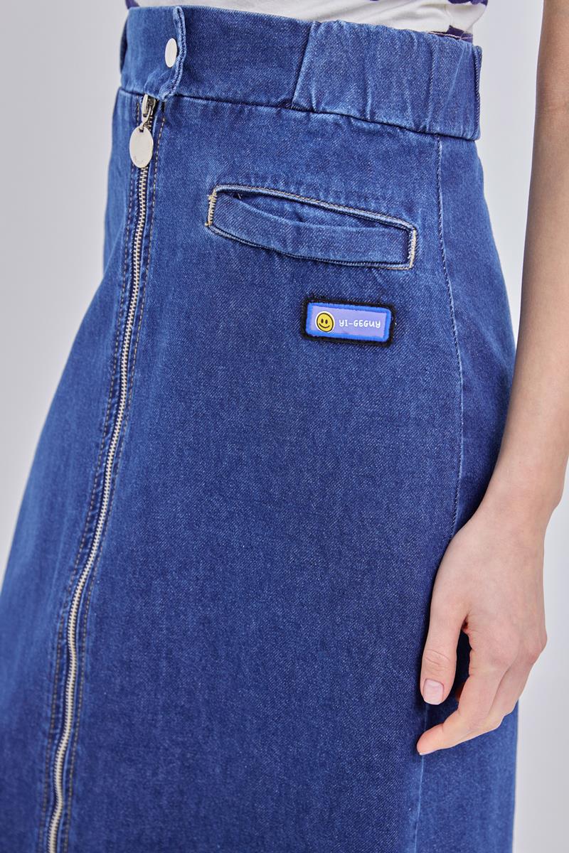 Koyu Mavi-%100 Pamuklu Fermuarlı Denim Etek