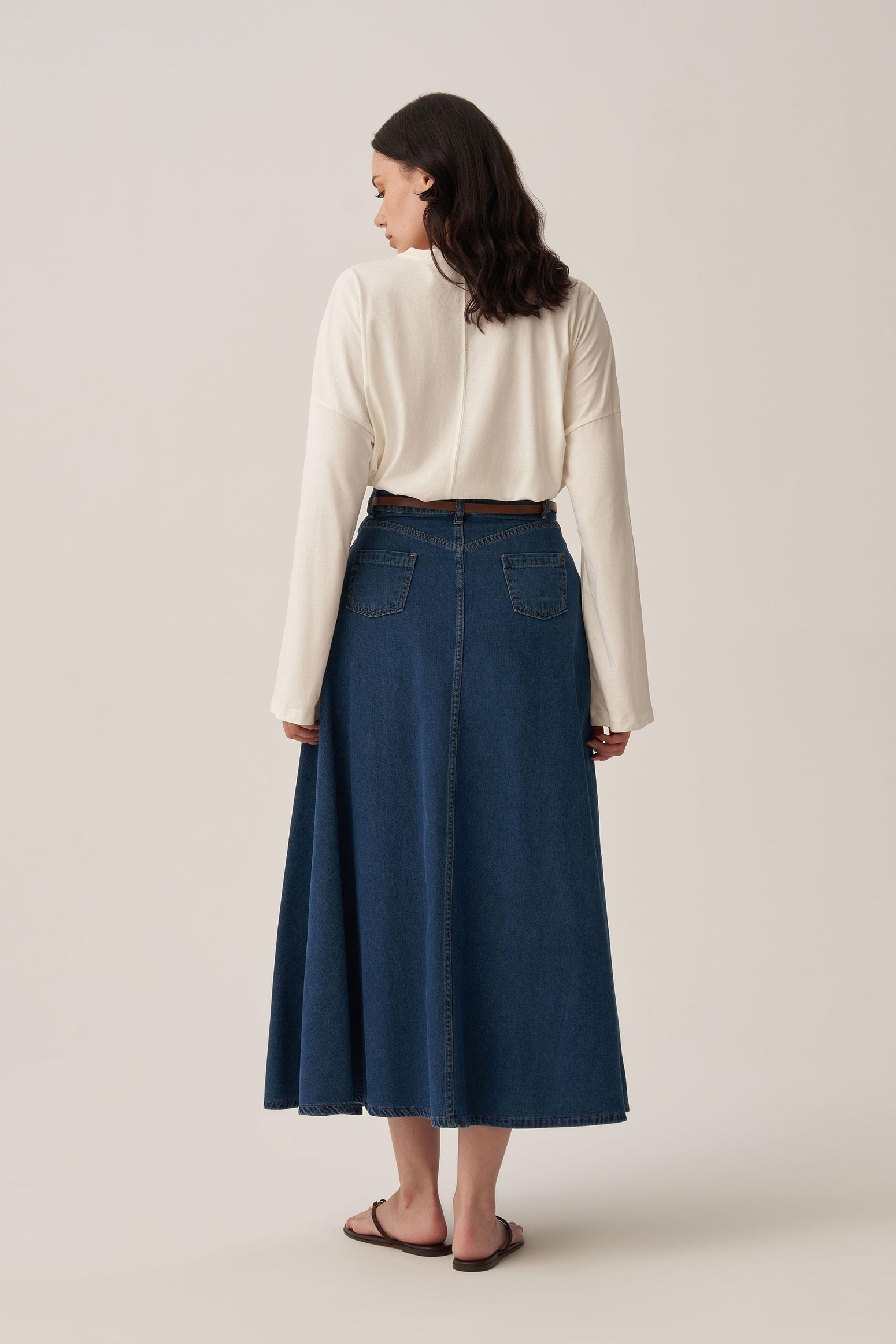 Dark Blue-5 Pocket Flared Denim Skirt