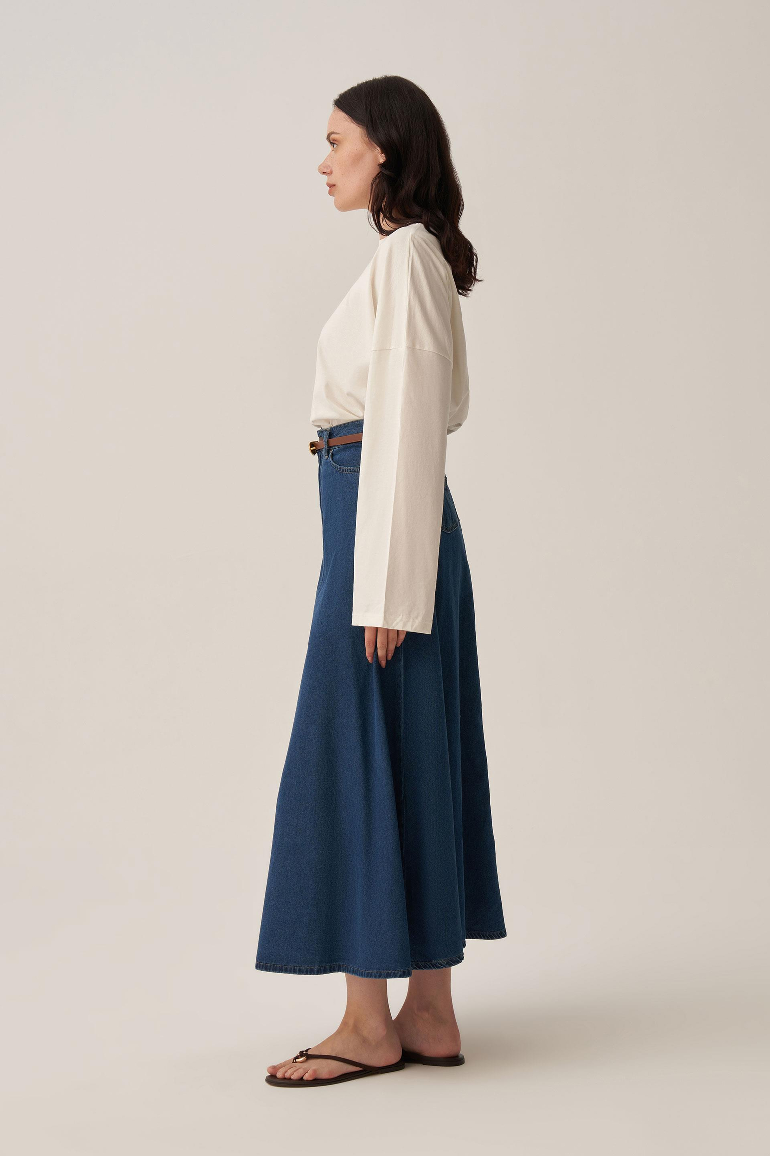 Dark Blue-5 Pocket Flared Denim Skirt